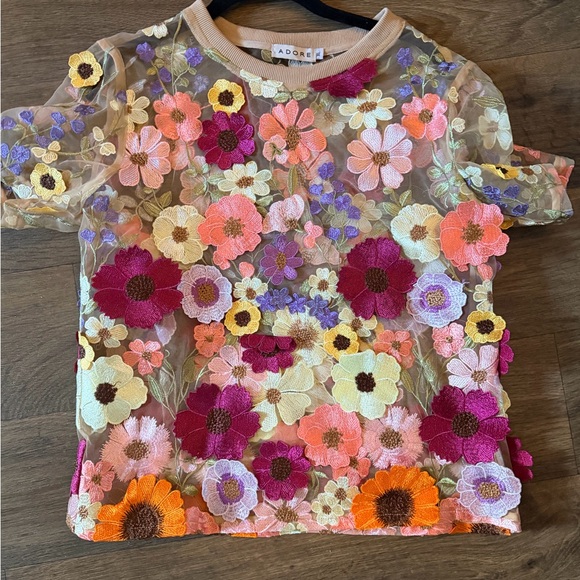 Adore Tops - Floral Embroidered Appliqué Adore Organza Top - Pink, Orange, Yellow